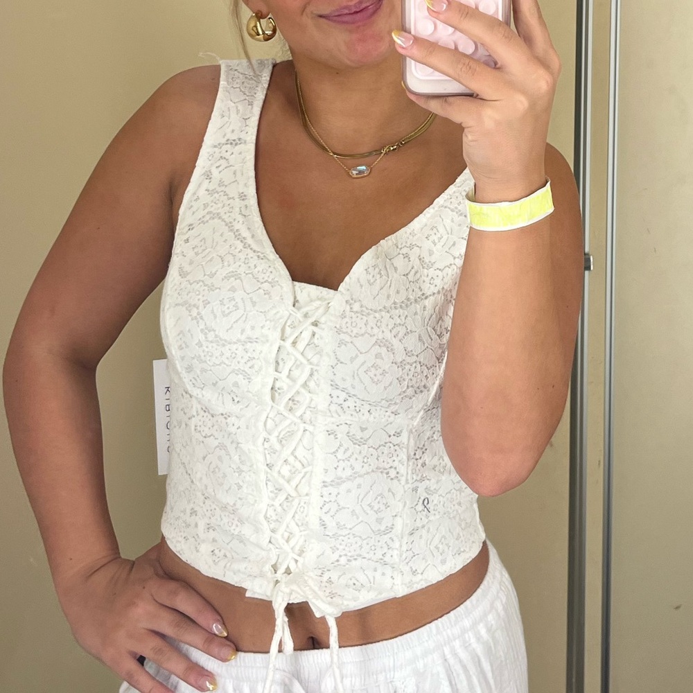 White Lace Crop Top and Yellow Floral Pants